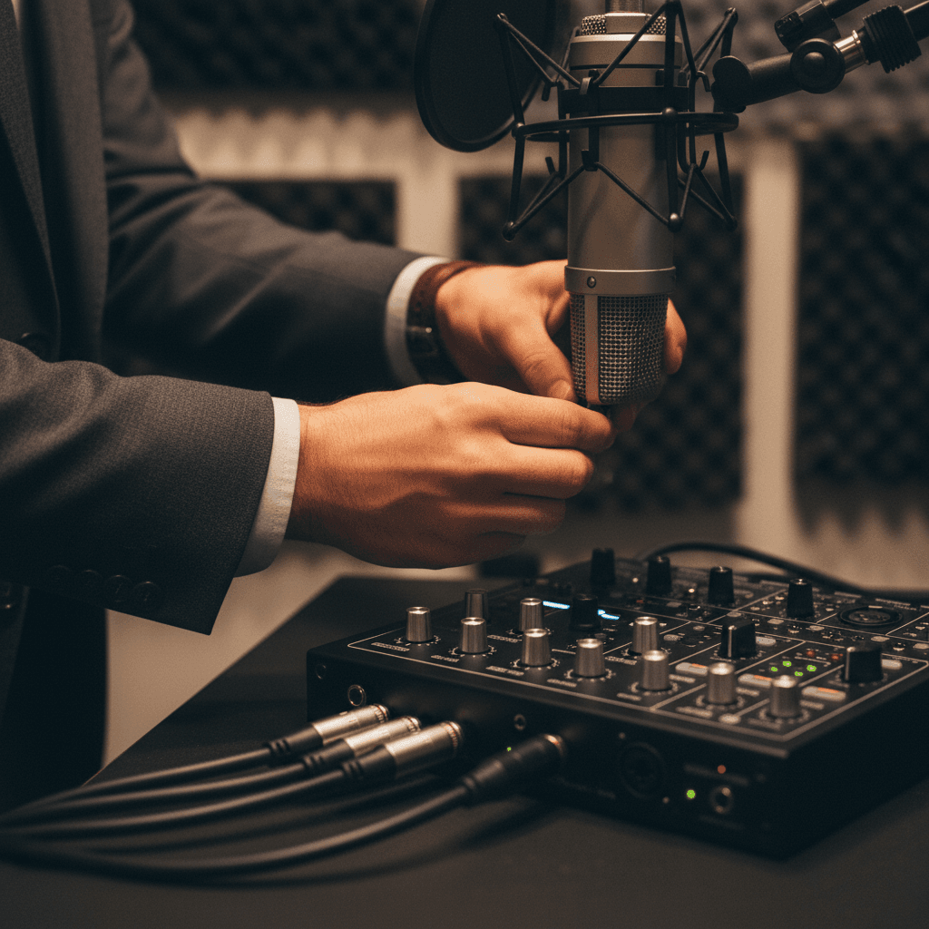 Content creator's hands adjusting professional microphone settings during podcast or audio recording in warm-lit studio
