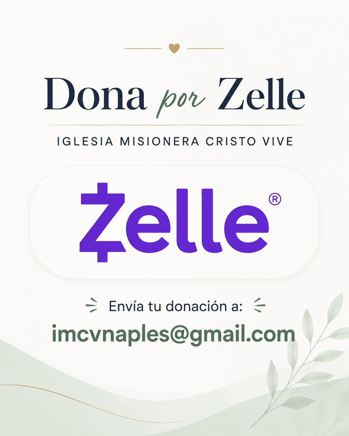 Cartel para donar a Iglesia Misionera Cristo Vive vía Zelle al correo imcvnaples@gmail.com.