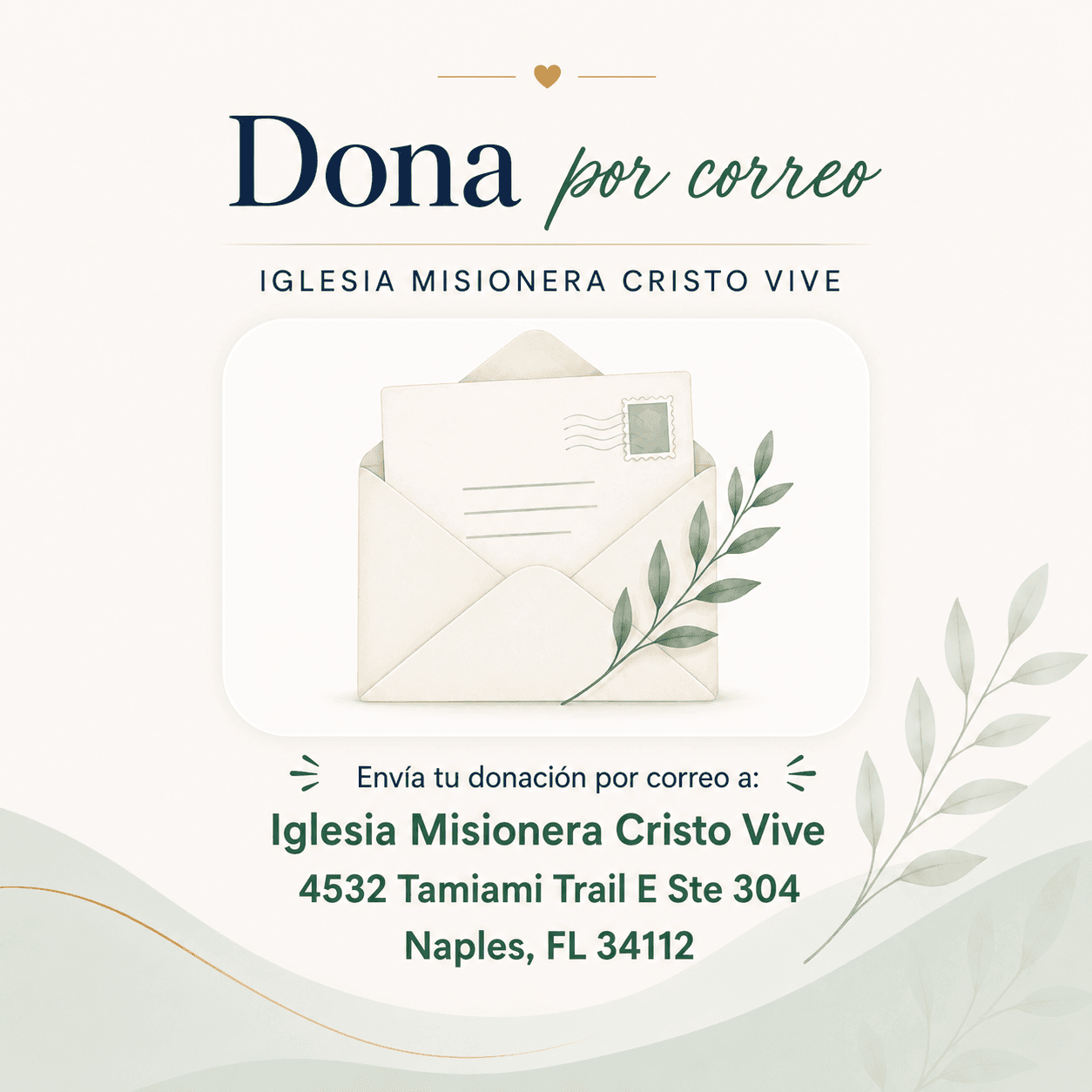 Anuncio de donación por correo para Iglesia Misionera Cristo Vive con sobre y dirección postal.