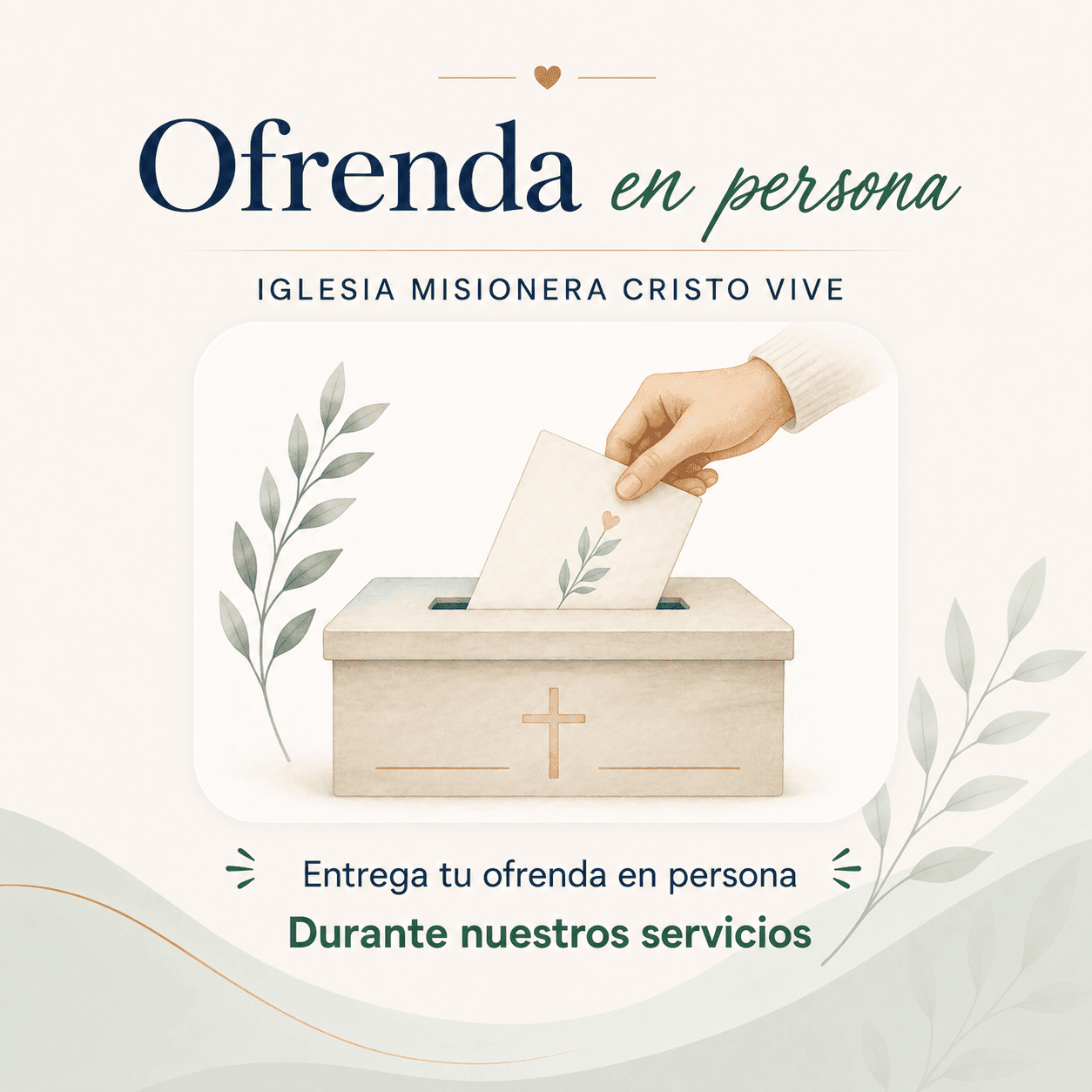 Mano depositando un sobre en una caja de madera con cruz para ofrendas presenciales.