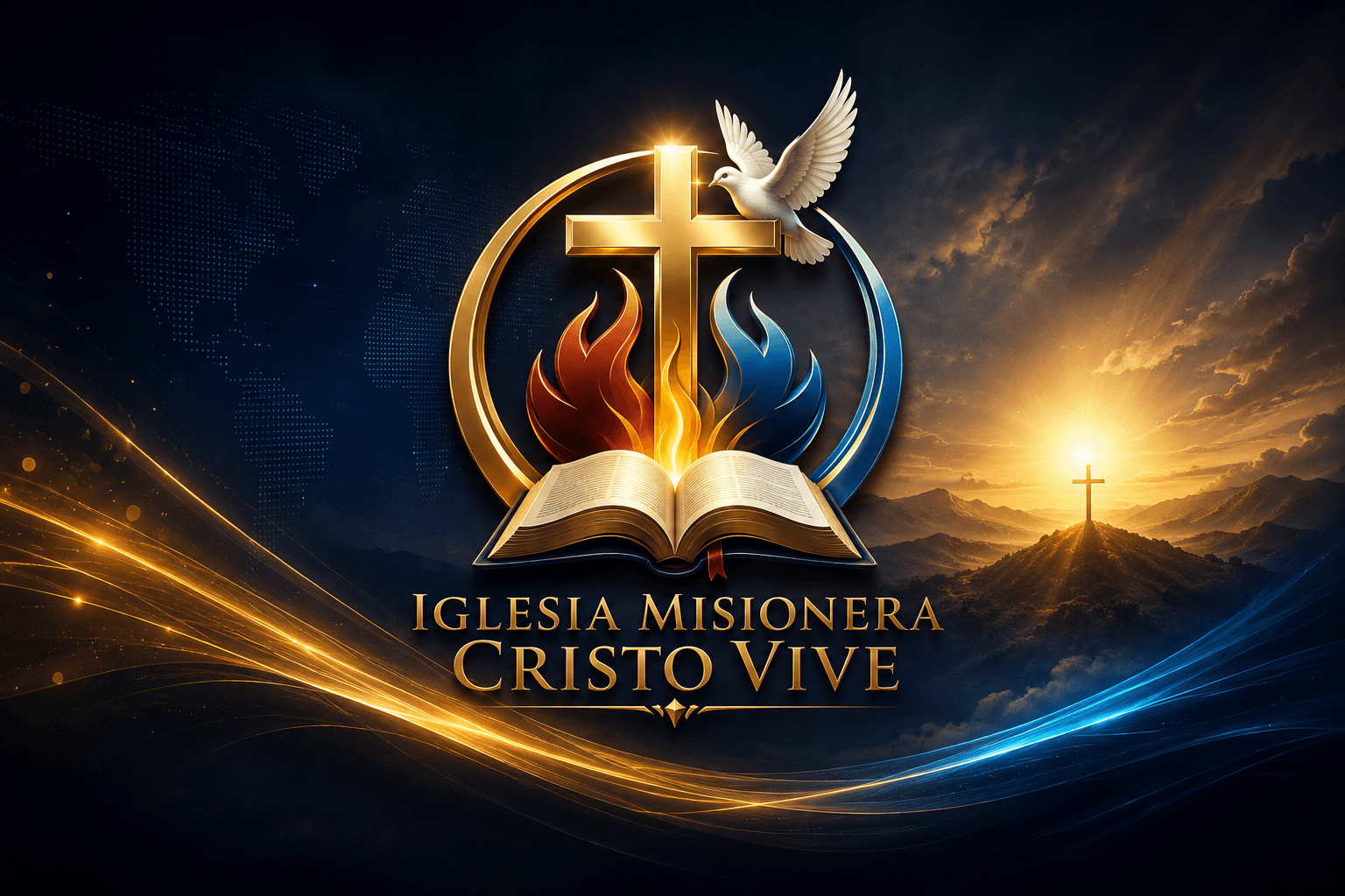 Logo de Iglesia Misionera Cristo Vive con cruz, paloma, biblia y llamas sobre montaƱas.